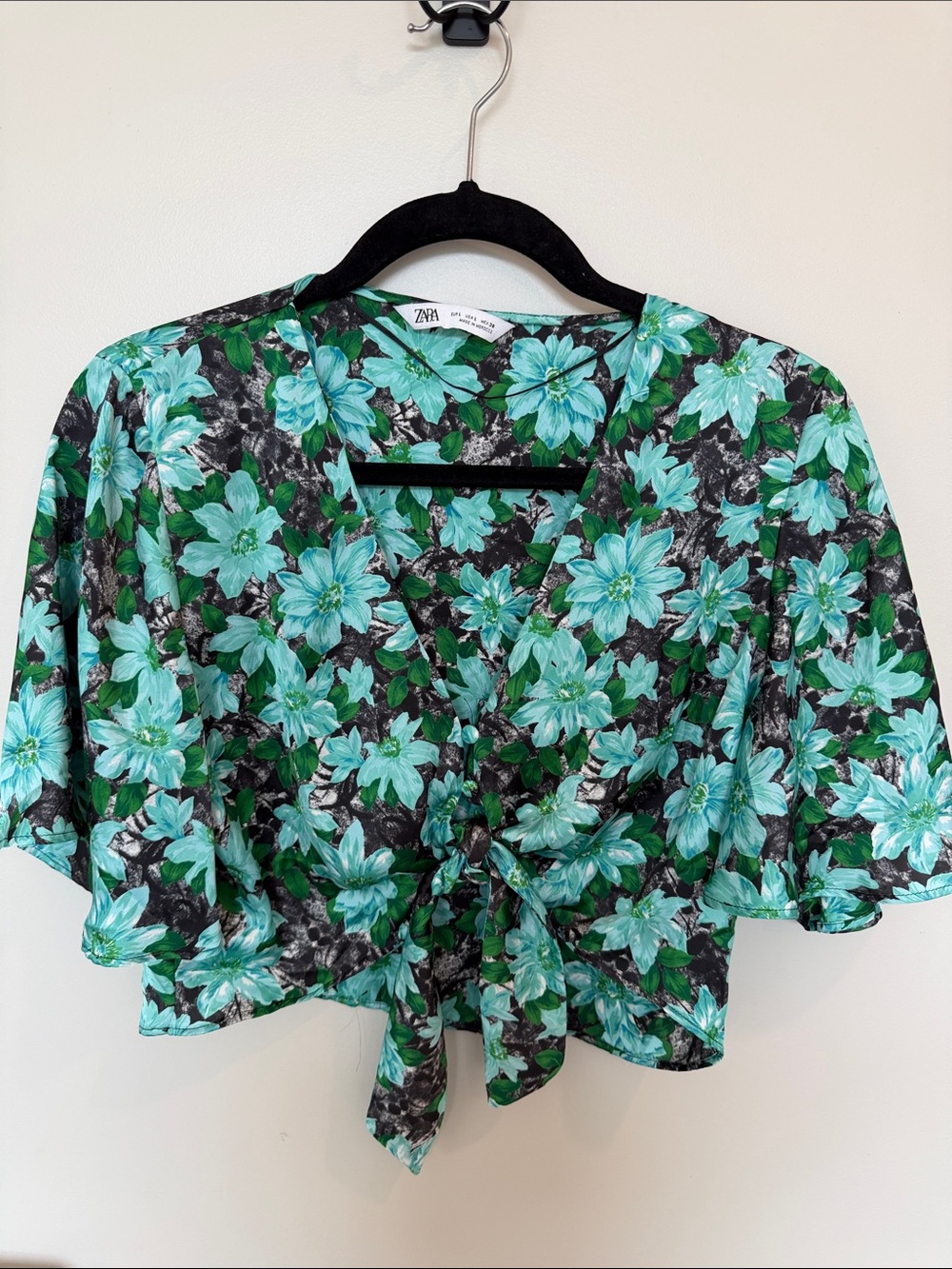 Zara Black & Teal Floral Tie-Front Crop Top - Size L